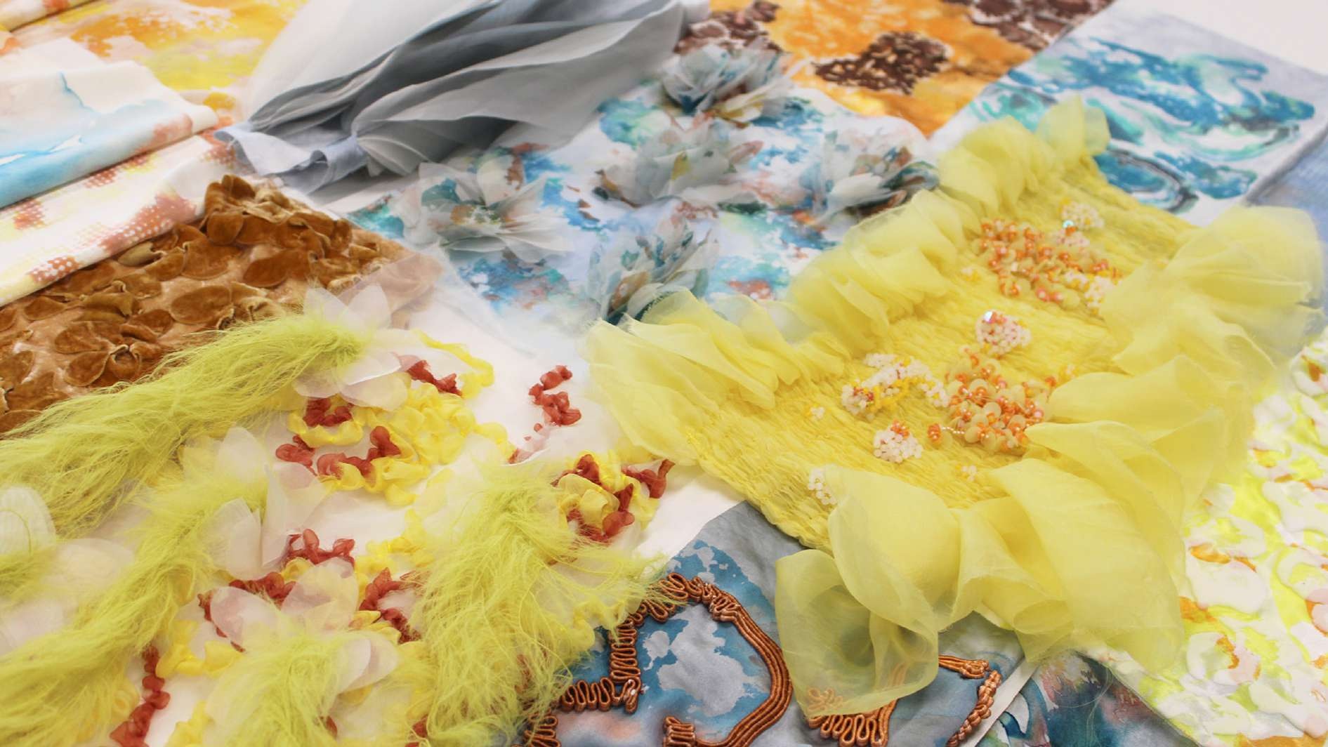 Colourful botanical textile samples by Becky Guo